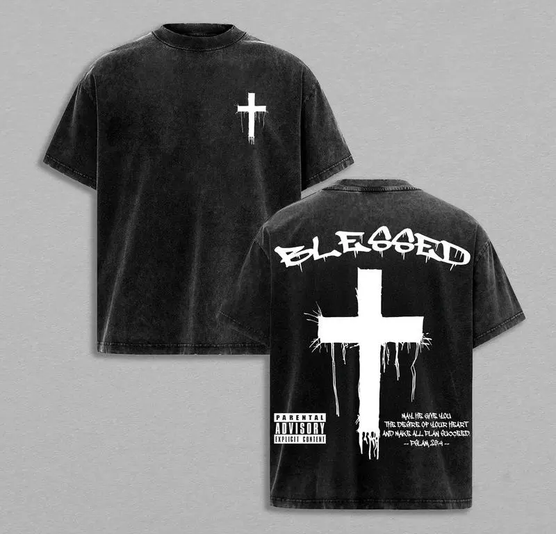 Men's Graphic T-Shirt in Distressed Cotton, Vintage Cross & Letter Print Drop Shoulder Tee with Short Sleeves and Round Neck for Streetwear, Tshirt, Shortsleeve