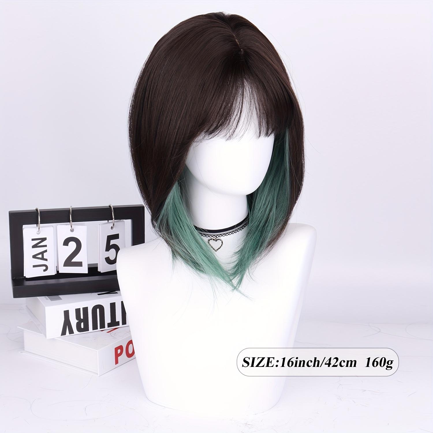 Dark Black Green Mixed 16-Inch Short Bob Straight Wig with Bangs, High-Density Synthetic Hair, Rose Net Cap for Halloween, Christmas, Cosplay & Parties