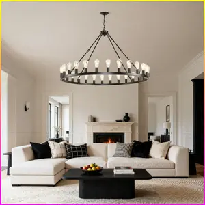 53.15 Inch Black Extra Large Wagon Wheel Chandelier, 28-Lights Farmhouse Industrial Round High Ceiling Pendant Light Adjustable Chain, for Dining Room, Living Room-E26