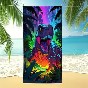 Trendy Outdoor Beach Towel Features a Vibrant Neon Tyrannosaurus Rex Design. Made with Digital Printing Technology, It's Perfect for Family Camping, Beach Fun, and Outdoor Excursions. Full of Adventurous Dinosaur Vibes, It'S The Perfect Summer Accessory!