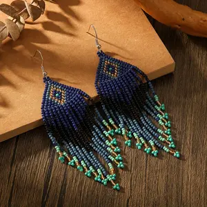 Women's Navy Blue Turquoise Beaded Tassel Drop Earrings - Handmade Long Seed Bead Fringe Dangle Jewelry, Boho Ethnic Statement Piece for Festival Parties, 2026 Gift