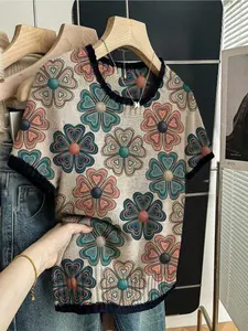 Women's Boho Colorblock Floral Print Round Neck Sweater, Casual Short Sleeve Knit Top for Spring Summer Fall, Comfortable Warm Clothing Graphic Pullover