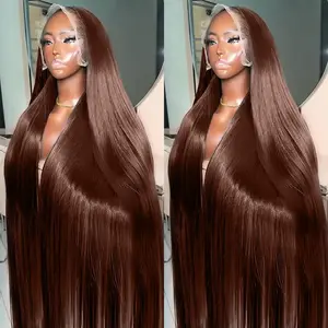 13x4 13x6 HD Chocolate Brown Bone Straight Lace Front Wig 34Inch Lace Frontal Wig Human Hair PrePlucked #4 Color Human Hair Wigs 180% Density