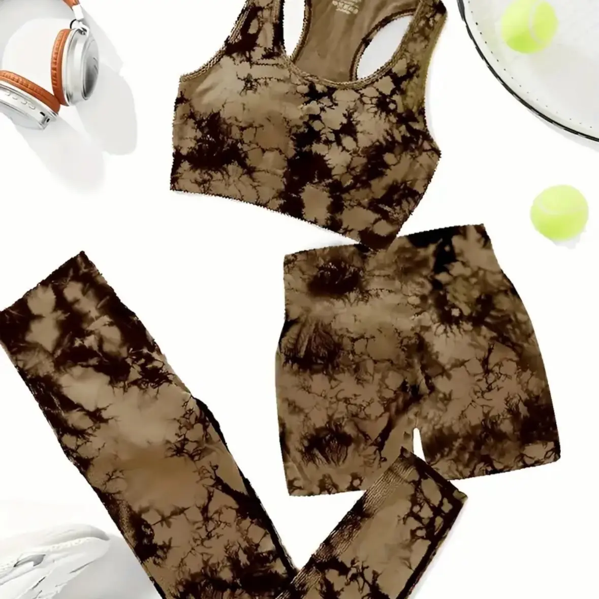 High Elasticity 3-Piece Tie-Dye Sportswear Set for Women with Knitted Activewear for Pilates and Workout