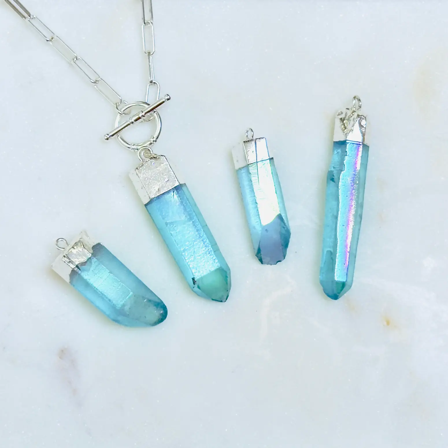 Blue Angel Aura Quartz Pendulum Necklace on Paperclip Chain