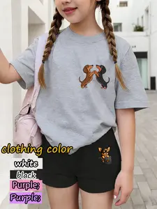 Adorable Dog Print Set! Sausage Dog & Chihuahua Pocket Shorts, Short Sleeve Shorts 4-12 Years, Casual Fitted Style