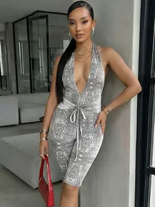 Women's Snake Print Backless Jumpsuit, Stylish Jumpsuit, Sexy Slim Fit, Fashion Sleeveless Design, Party Essential, Must-Have, Womenswear, Statement