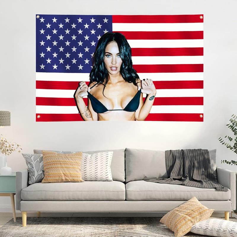 Megan Fox American Flag Tapestry 3*5 Ft for Wall Hanging College Dorm Room Decor, Featuring 4 Brass Grommets, Ideal for Parties
