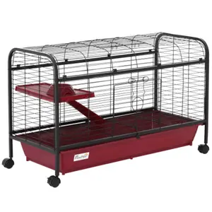 L Small Animal Cage Rabbit Hutch Ferret Pet Play House with Feeder Rolling Wheels Platform Ramp