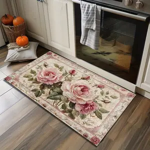 Flannel Non-Slip Vintage Pink Floral Bath Mat - Absorbent Rectangular Floor Mat For Bathroom, Bedroom, Kitchen, Home Decoration