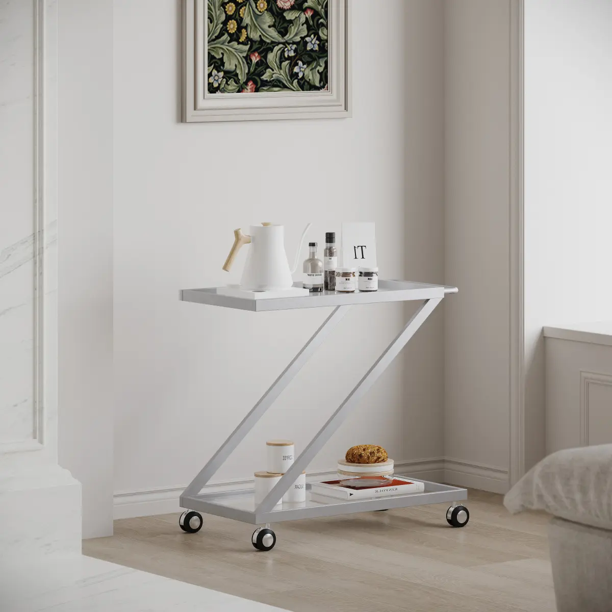 36.5*18.75*34 Inch Silver Z‑Shaped Bar Cart, Iron‑Frame Tempered Glass Rolling Serving Cart with Lockable Casters