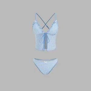 Cider V-neck Gingham Bowknot Lettuce Trim Tankini Bikini Set