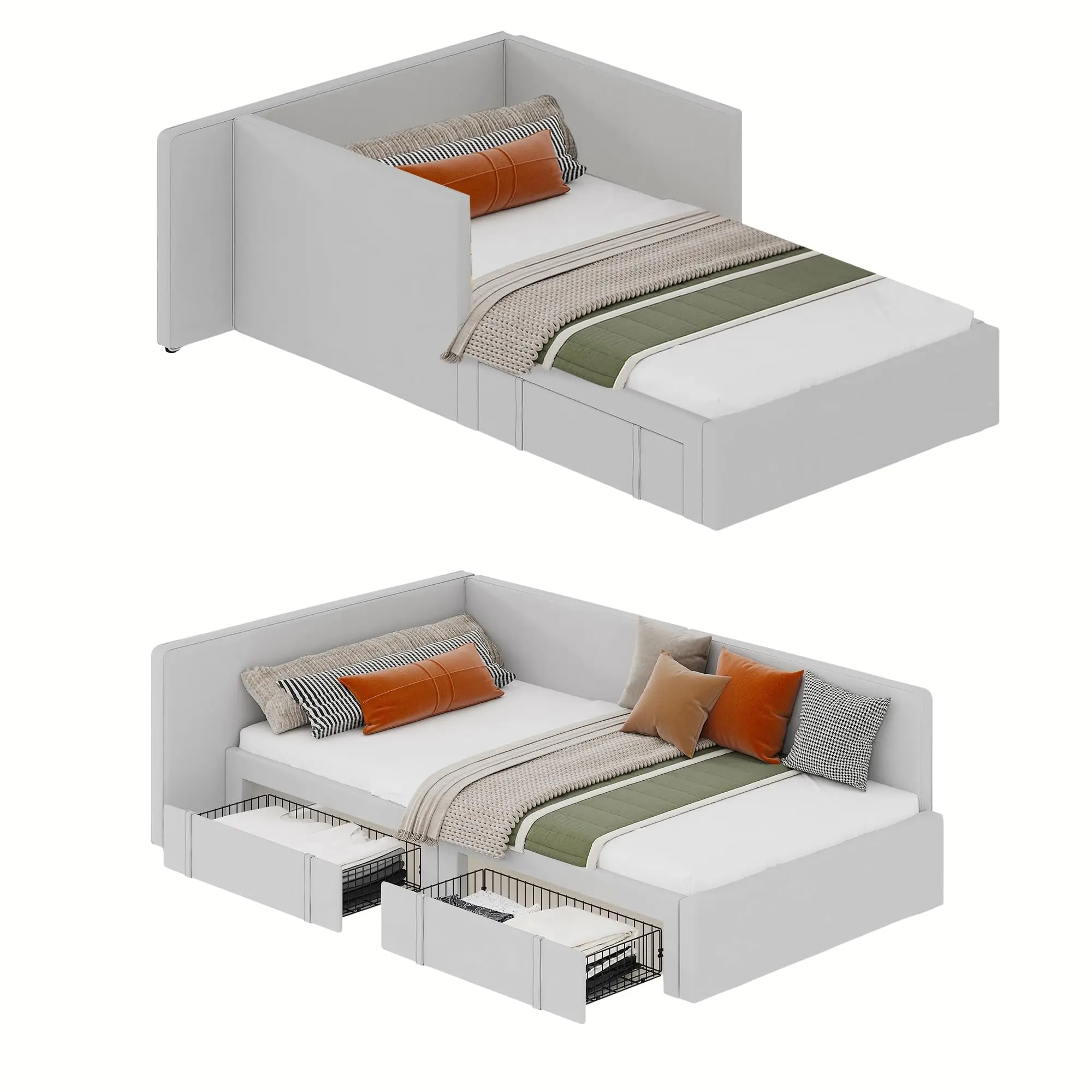 Gray Twin Daybed with 2 Storage Drawers, Corner Bed Frame with Extended Headboard and Bed Rails, Velvet Upholstered Sofa Bed with Guardrail for Bedroom, Adjustable Installation