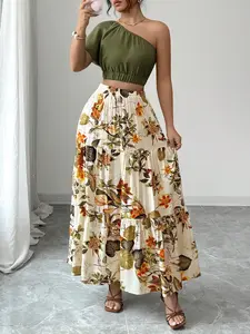 Women's Boho Floral Half Skirt + Off-Shoulder Top Set, Bohemian Flowy, Perfect for Beach Vacations & Parties, Stylish 2-Piece