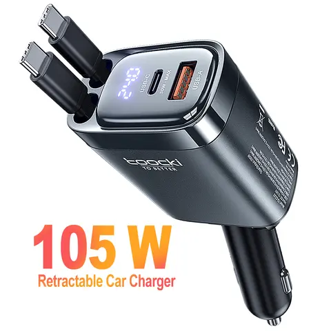 Toocki 105W Max Super Fast Charging Smart Car Charger - Retractable PD, Dual Type-C Cables, Compact Portable External Phone Charger, 3 Ports Charge More Auto Accessory with 1 USB-A for iPhone 16/15 Pro Max, Samsung Galaxy S25/S24 (Back to School)