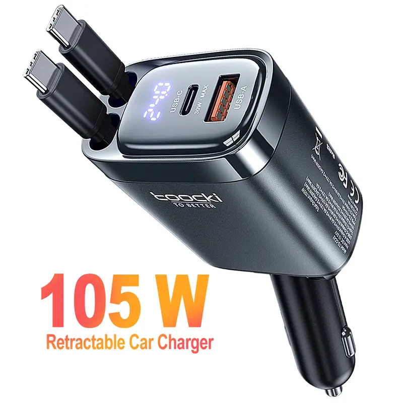 Toocki 105W Max Super Fast Charging Smart Car Charger - Retractable PD, Dual Type-C Cables, Compact Portable External Phone Charger, 3 Ports Charge More Auto Accessory with 1 USB-A for iPhone 16/15 Pro Max, Samsung Galaxy S25/S24 (Back to School)