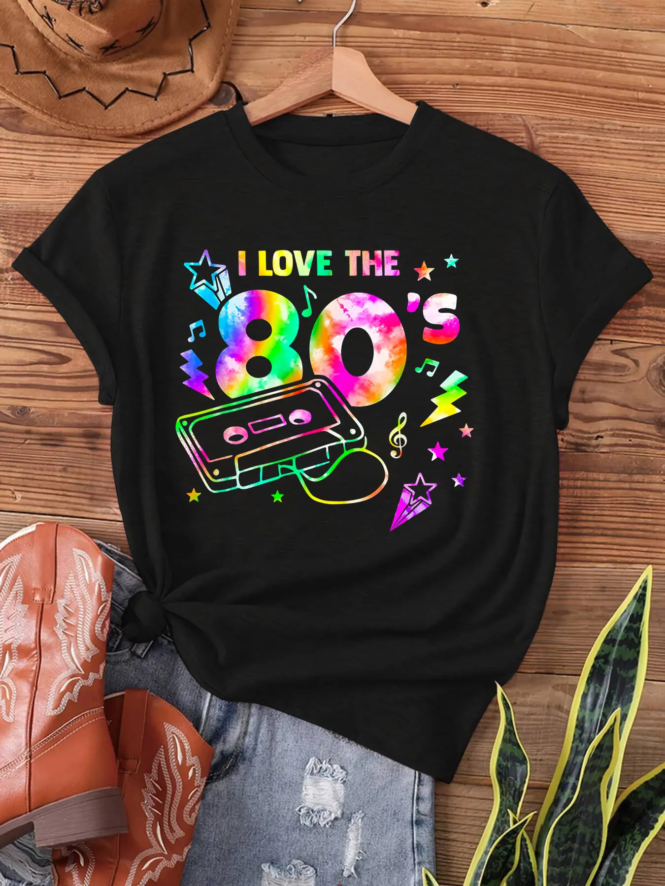 Women's 80s Retro Music Graphic T-Shirt - Vintage Cassette Tape & "I Love The 80s" Print, Short Sleeve Crew Neck Casual Top, Machine Washable All-Season Comfort Fit, Rock And Roll T Shirts