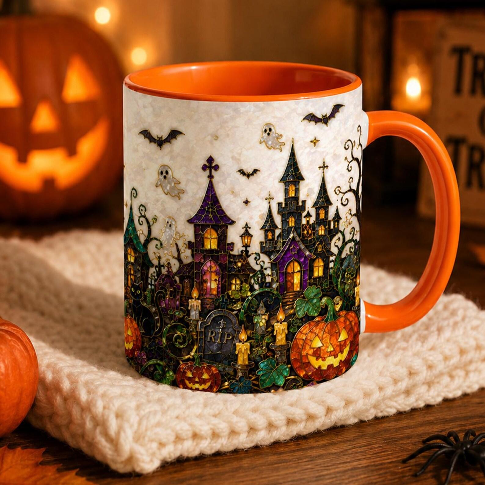 Halloween Haunted Village Accent Mug – Stained Glass Haunted House Black Cat Jack O Lantern Pumpkin Graveyard Moon Bats Ghost Gothic Ceramic Coffee Mug 11oz 15oz , Spooky Season Kitchen Decor , Halloween Gift For Coffee Lovers