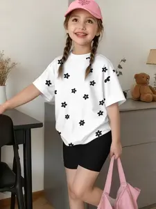 Girls' Summer T-Shirt with Daisy Pattern, Short Sleeve Crop Top, Casual Asymmetrical Design, Natural Waist, H-Type Silhouette