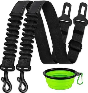 2 Heavy Duty Elastic Retractable Dog Seat belt with Foldable Bowl and Poop Roll Leashes Bag