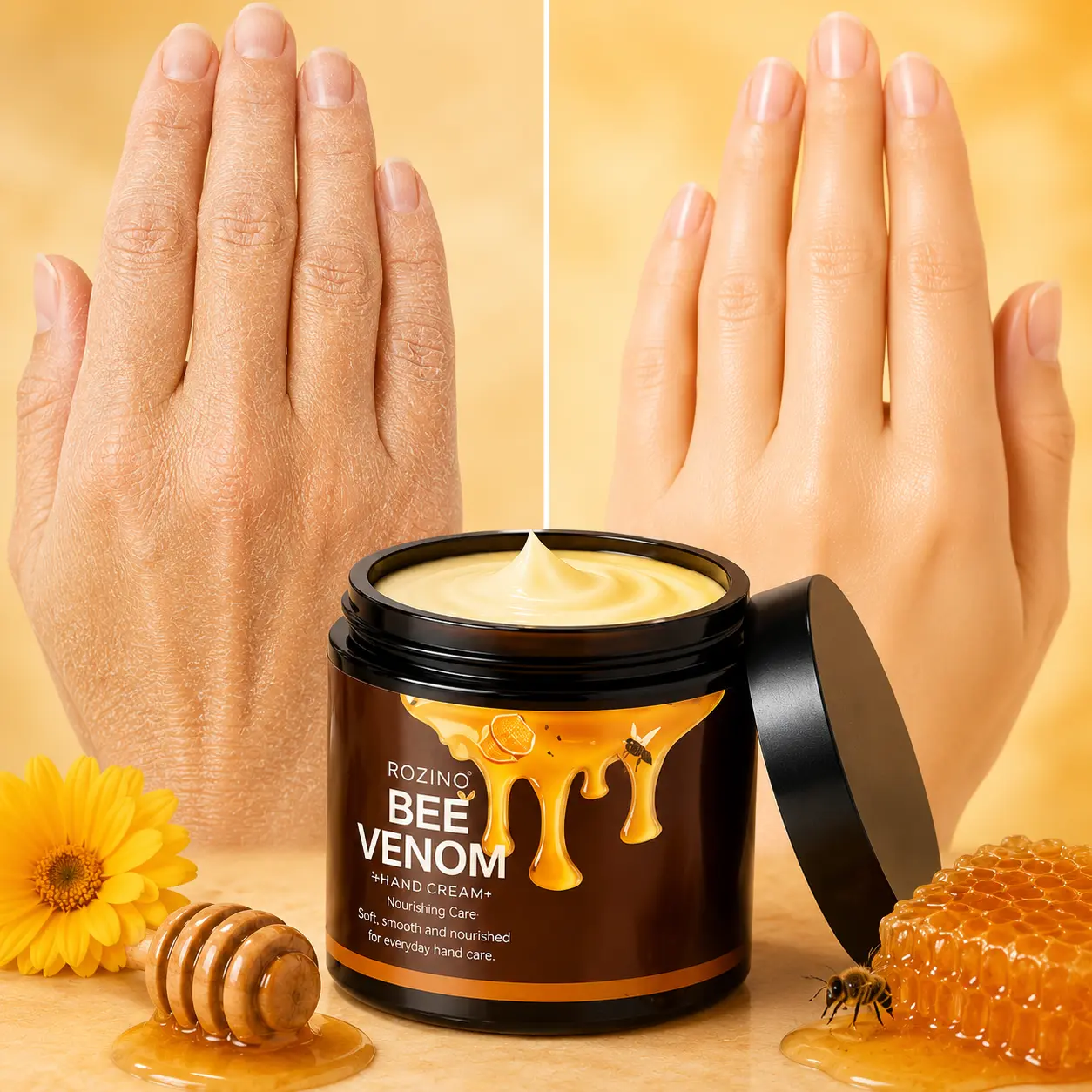 ROZINO Hand Cream with Bee Venom, Vitamin C, Niacinamide & Hyaluronic Acid - Moisturizing Hand Lotion for Dry Cracked Hands, Softening Rough Skin, Brightening Dull Hands, Fast Absorbing Non-Greasy Formula, Daily Use Hand Moisturizer - 60g/2.12 oz