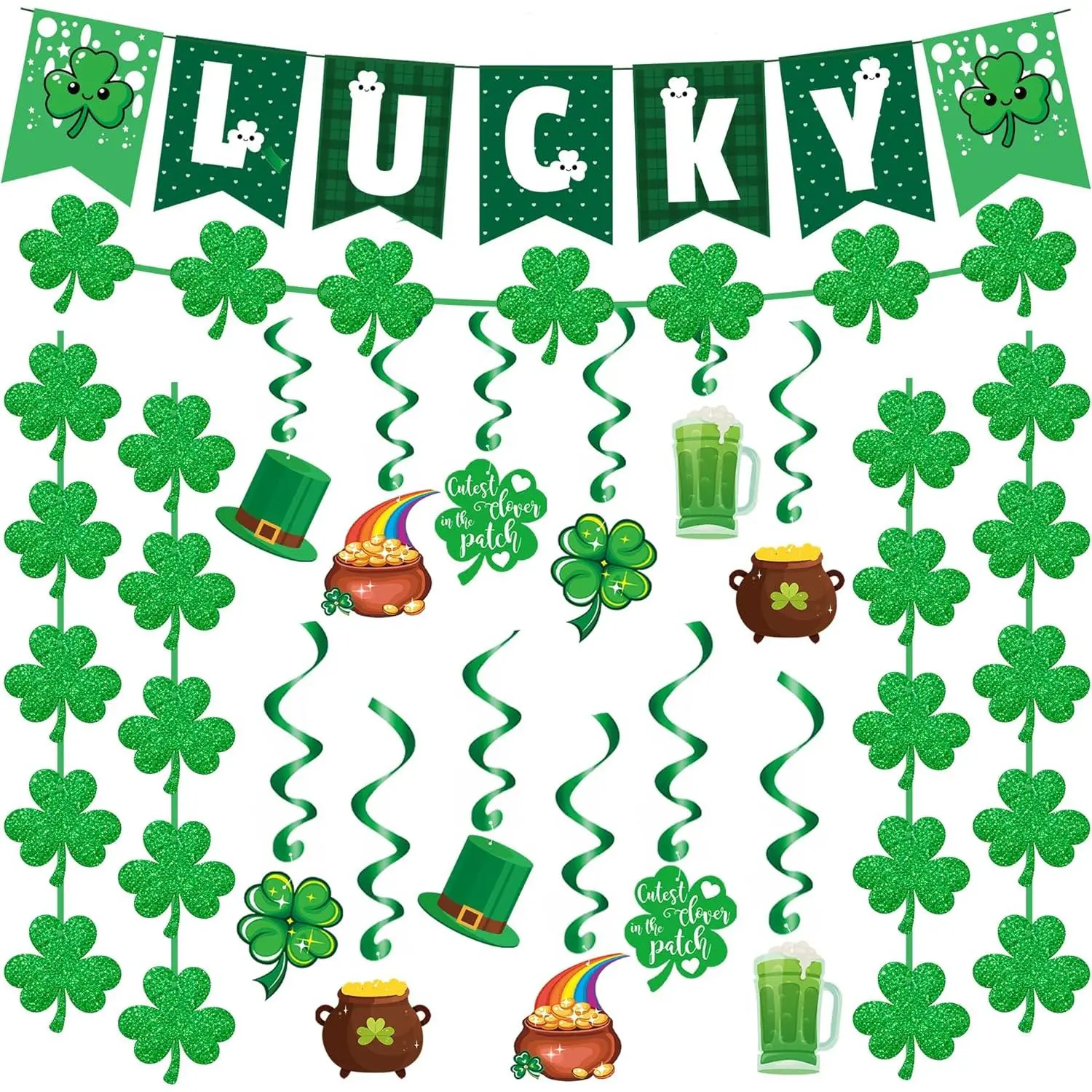 St Patricks Day Decorations  Hanging Swirls,Banner,Shamrock Garland  Shamrock Decorations St Patty's Day Accessories Party Favors for Door Birthday| St. Patrick's Day Decor
