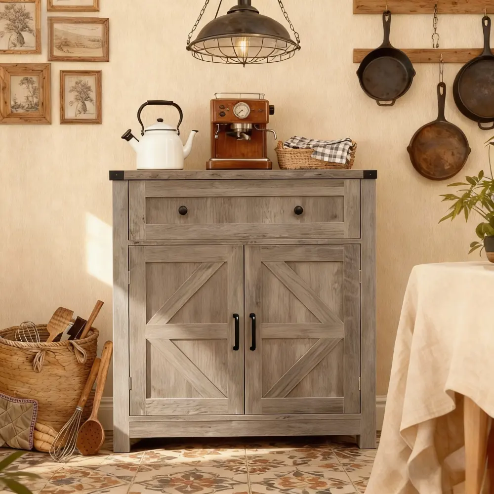 Light Gray-Washed Wood Farmhouse Barn-Door Storage Cabinet - Sturdy, Durable, Above 25 kg, Assembly Required, Fire Safety Label, Compact Apartment-Size Hidden Sideboard, Chic Classic Coffee Bar Buffet with Drawer for Kitchen & Living Room