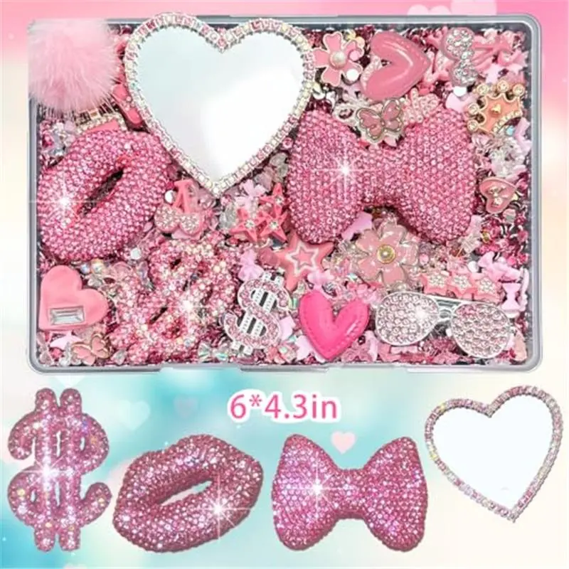 Pink Junk Case Charms Kit, Junks Phone Cases with Rhinestone Accessories and Full Diamond Bow Lips Dollar Sign Pom Resin Kits Mirror with DIY Phones Decorations