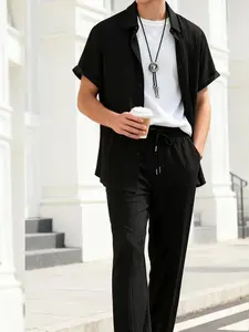 Men's Black Textured 2-Piece Pajama Set - Short Sleeve Button-Up Shirt + Elastic Waist Pants, Soft Lightweight Fabric, Comfortable Fit for Sleep, Lounging & Relaxed Weekends, Pyjamas, Loungewear, Pjs, Casual, Soft Lounge Sets, Nightwear