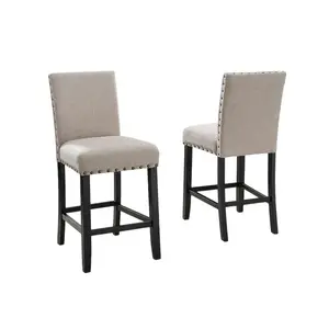 Set of 2 Classic Tan Fabric Upholstery Counter-Height Stools with Nailhead Trim, Compact Space-Friendly for Residential & Commercial Settings