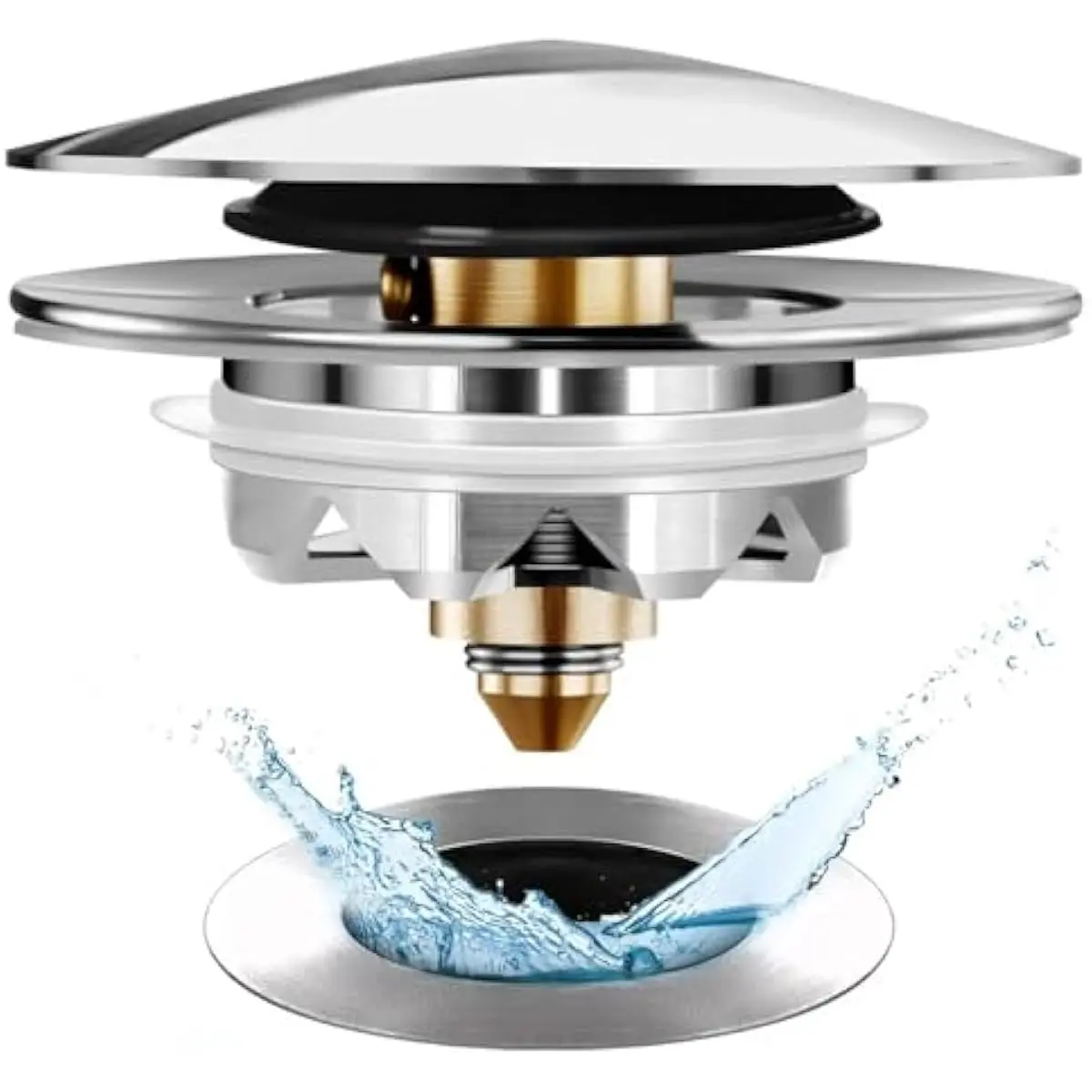 Bathtub Drain Stopper, Pop Up Tub Stopper and Cover, Bottom with Hair Catcher, Universal for 1.45 to 1.8 in Drain, Replaces Old Drain Plug, Chrome Silver