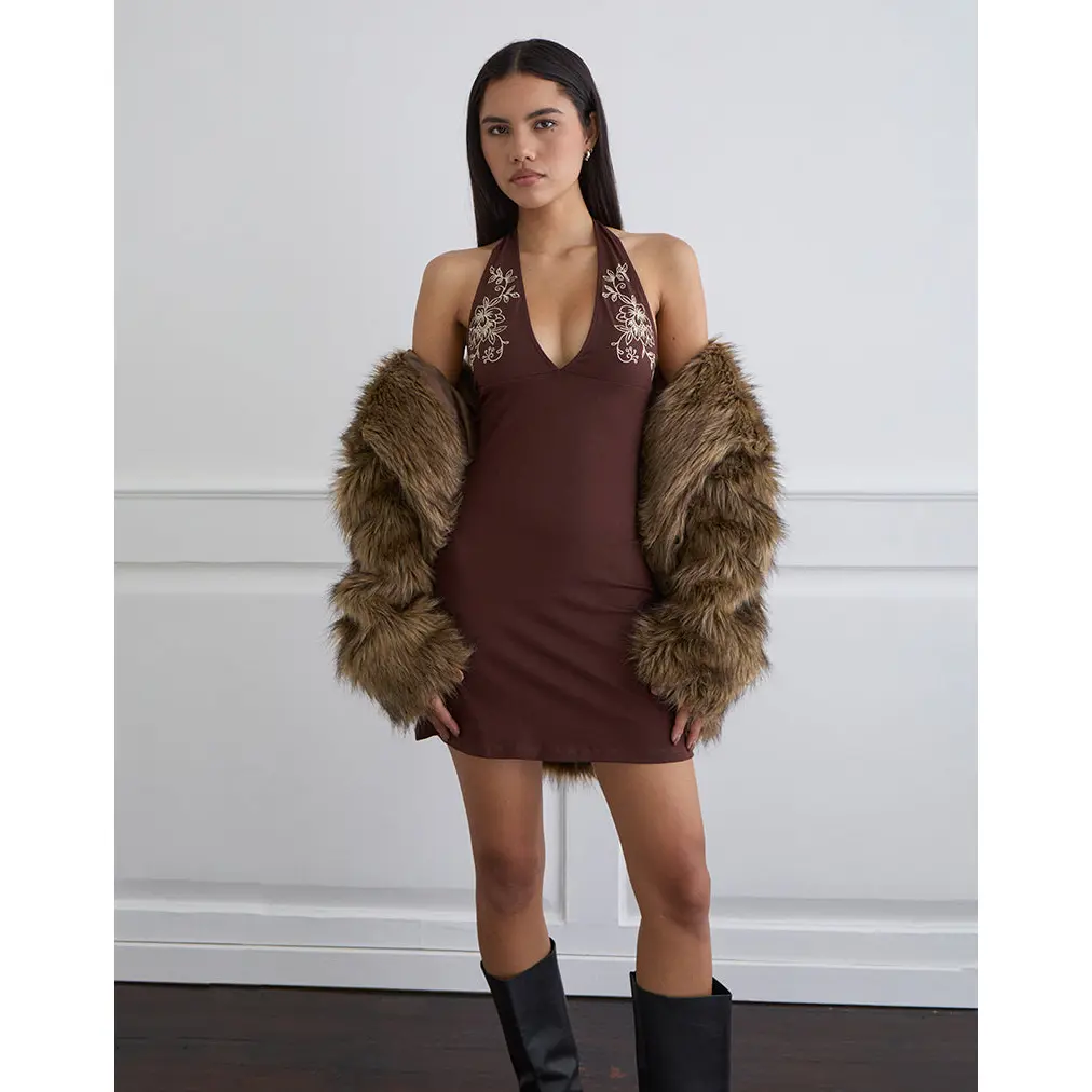 Hepzhi Mini Dress in Bitter Chocolate with Floral Embroidery
