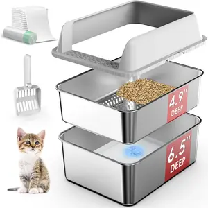 Stainless Steel Litter Box with Lid, Sifting Litter Box for Pine Pellets, 17.3"x13.4"x10.5" Enclosed Metal Litter Boxes for Small Cats & Kittens, High Sided Anti-Leakage, Easy Cleaning, Less