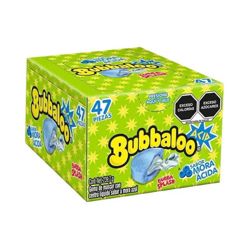 Bubbaloo Sour Blue Raspberry Splash Chewing Bubble Gum with Liquid-Filled Center, Box of 47 Pieces, Mexican Candy, Dulces Mexicanos Snack Natural Tang