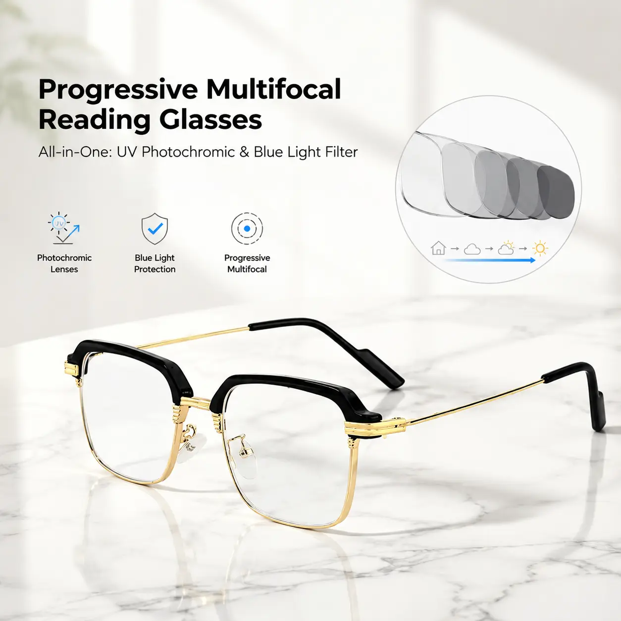 Photochromic Blue Light Blocking Reading Glasses, Lightweight Classic Frame, All-Day Comfort, Sun Protection for Outdoor Use, Reduces Screen Time Strain