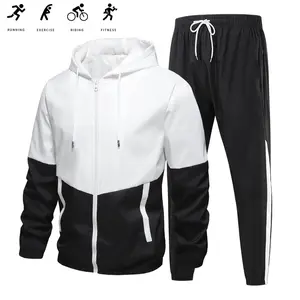 2-Pack Men's Spring Autumn Color Block Tracksuit, Spliced Hooded Jacket Sports Set with Elastic Adjustable Waistband, Perfect for Running, Cycling, Fitness, Home and Daily Casual Wear