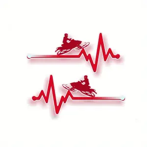 2PCS/SET For Snowmobile Gear, Car Bodies, Snowmobile Silhouette + Heartbeat Wave Lines + Vivid Red Color Scheme Decor, Turn Items into Extreme Thrill Vibe, Travel with Passionate Presence of "Extreme Heartbeat Style Accompanies"