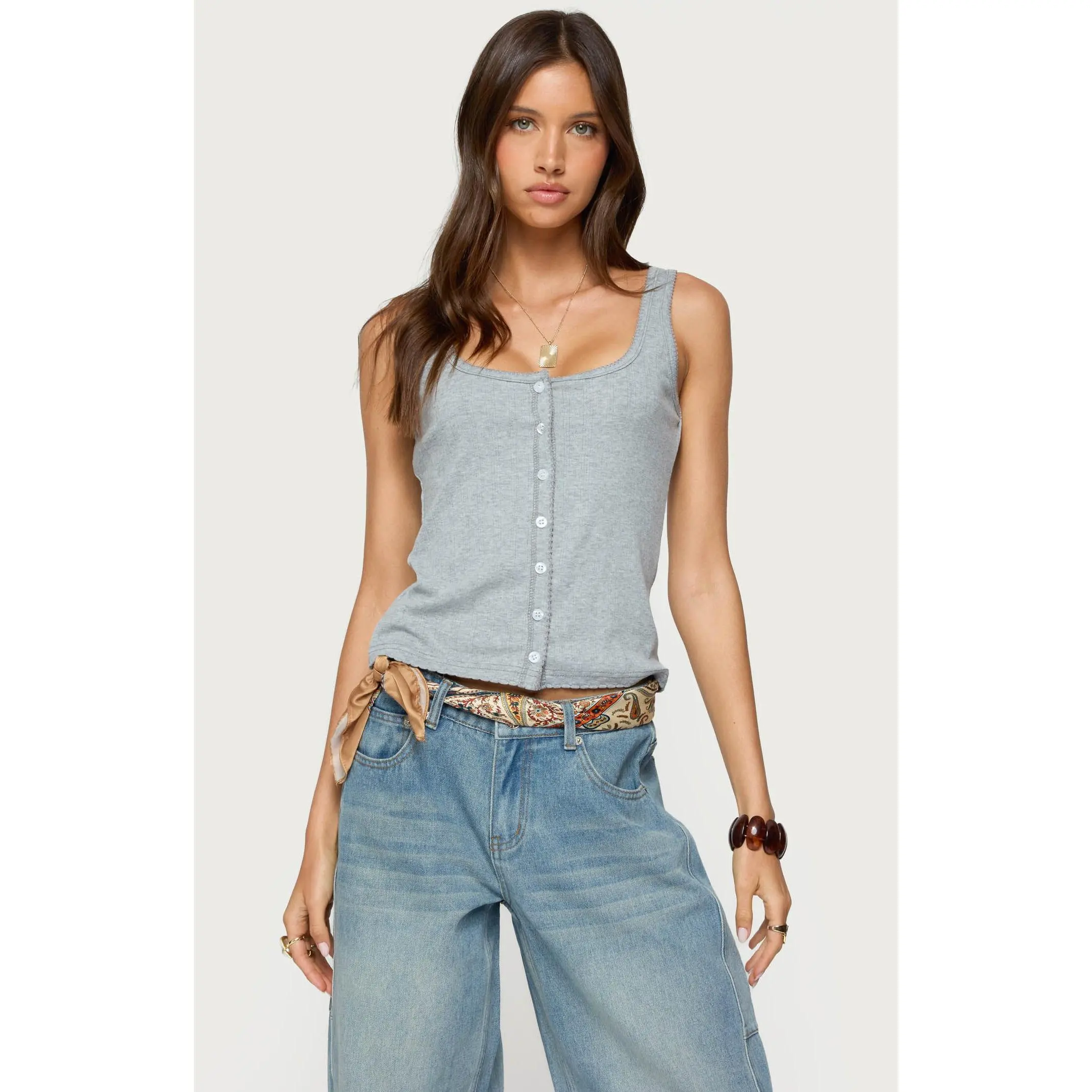 Edikted Women's Gwenne Pointelle Button Up Tank Top