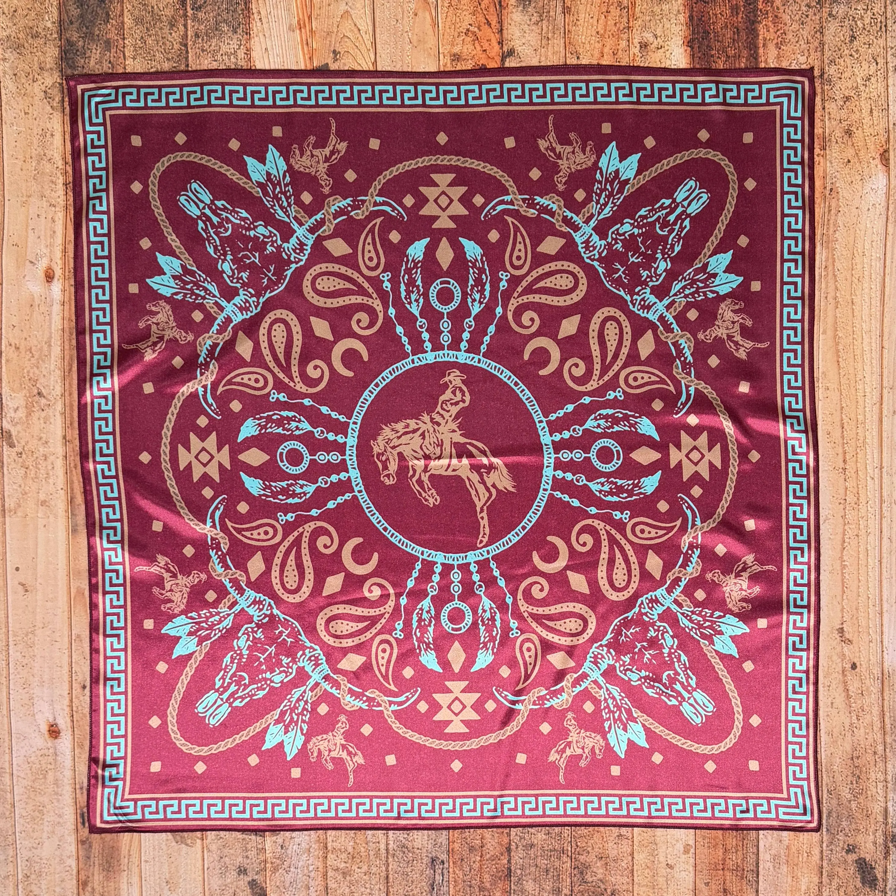 LONGHORN BRONCO PRINT SQUARE SILK WILD RAG 36X36 - Burgundy/Turquoise