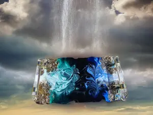 Handcrafted Art Hand Poured Epoxy Resin perfume and jewelry storage display tray with crushed crystal quartz, metal and glass 14"X8" with acrylic glass look handles and brass accent. Hurricane theme décor for home or office.