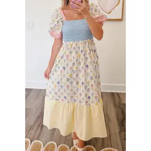 Multicolour Floral Print Striped Color Block Patchwork Square Neck Shirred Long Dress