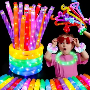 Glow Sticks Comping Essentials for Kids, 8 PCS-LED Pop Tubes Glow in the Dark Party Favors Neon Bracelet Necklace Accessories for Children Easter Halloween  Christmas Supplies Pack