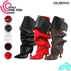 CELNEPHO Womens Knee High Boots Pointed Toe Stiletto High Heel Zipper Ruched Shark Boot Silver Buttons Detachable Snap-off Wide Calf Easy Pull on Fashion Slouchy Fold Over Booties for Casual Party Concert Daily Wear Trendy Dress Shoes Deals For You Days