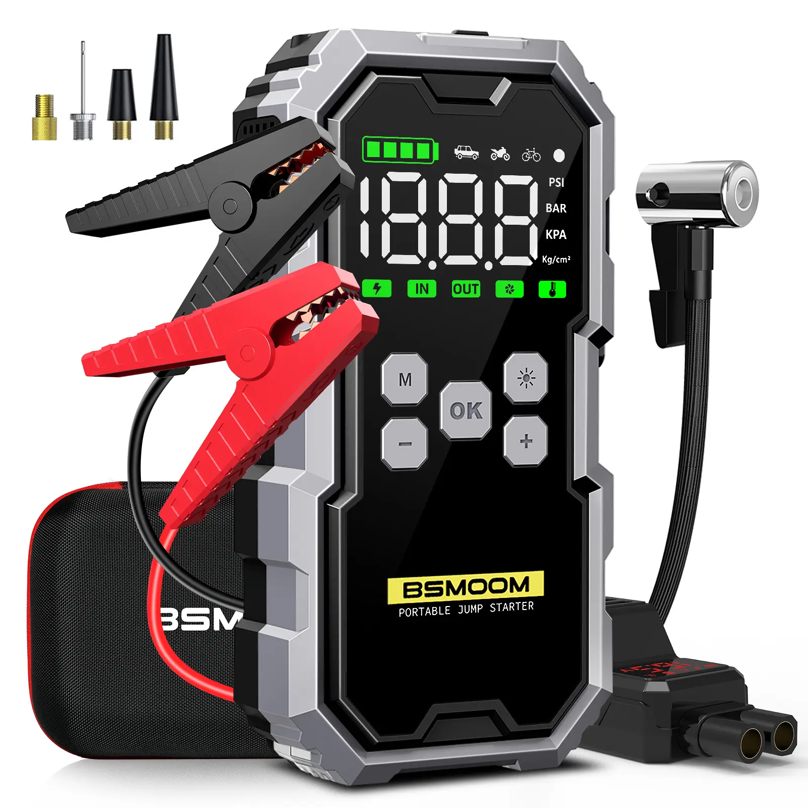 BSMOOM 8000A Portable Starter, Car Jump Starter 12V Auto Starter Box with LED Lights, USB Fast Charge Car Battery Charger with Tire Inflator