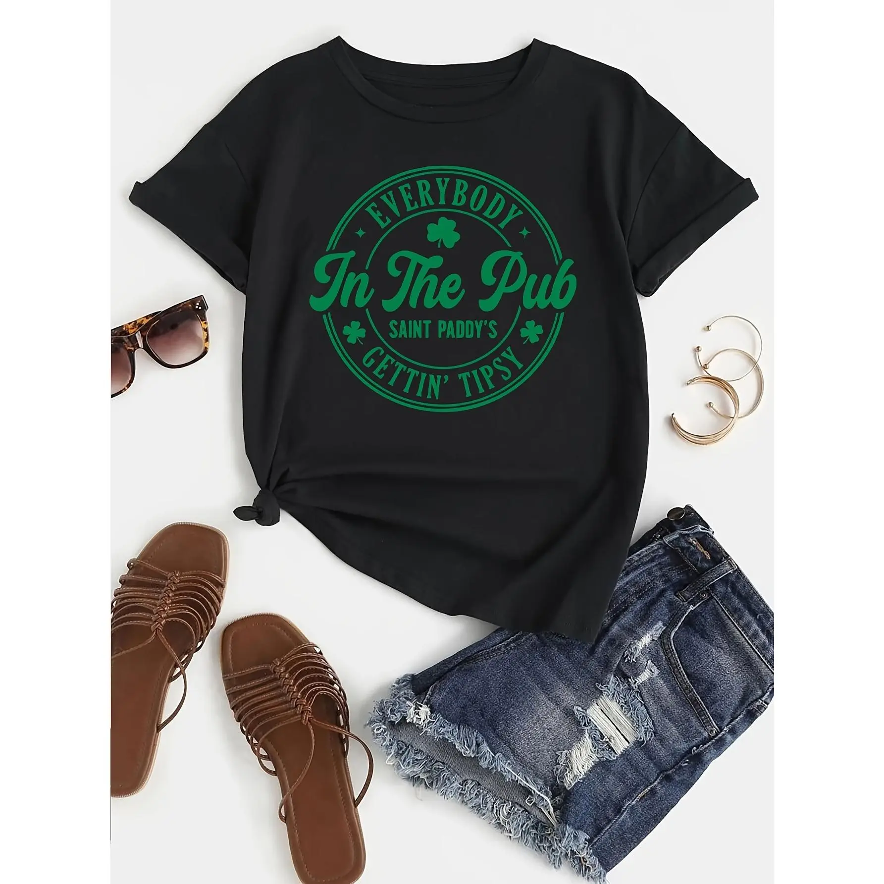 Graphic Tee St. Patrick's Day Bar T-shirt, Shamrock T-shirt, Irish Celebration Top, Green Party T-shirt, Holiday Gift, Letter Pattern Printed Short Sleeve T-shirt, Short Sleeve Crew Collar Casual Top Summer and Spring, Women's Wear