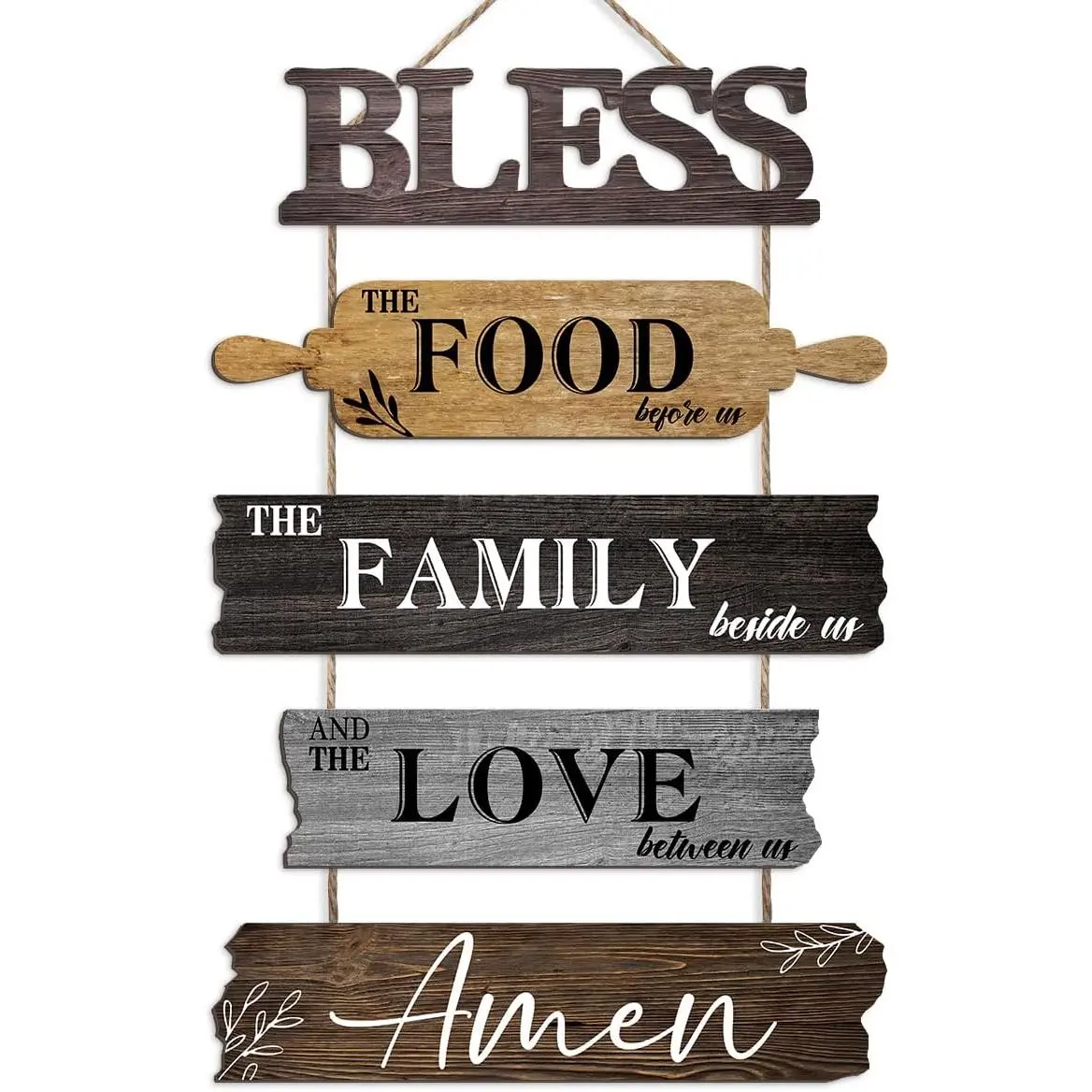 Farmhouse Rustic Wooden Roped Cut-Out Plaques - 5-Count Hanging Kitchen Wall Decor with UV Printed Meal Prayer, 12x18" Brown Wall Art for Dining Room