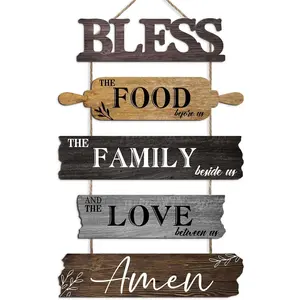 Kitchen Wall Decor Bless the  Before  Dining Room Wall Decor - Farmhouse Wall Art For Kitchen Dining Room- Wooden Rustic 5 count Roped Sign 12x18 Inches(Brown)
