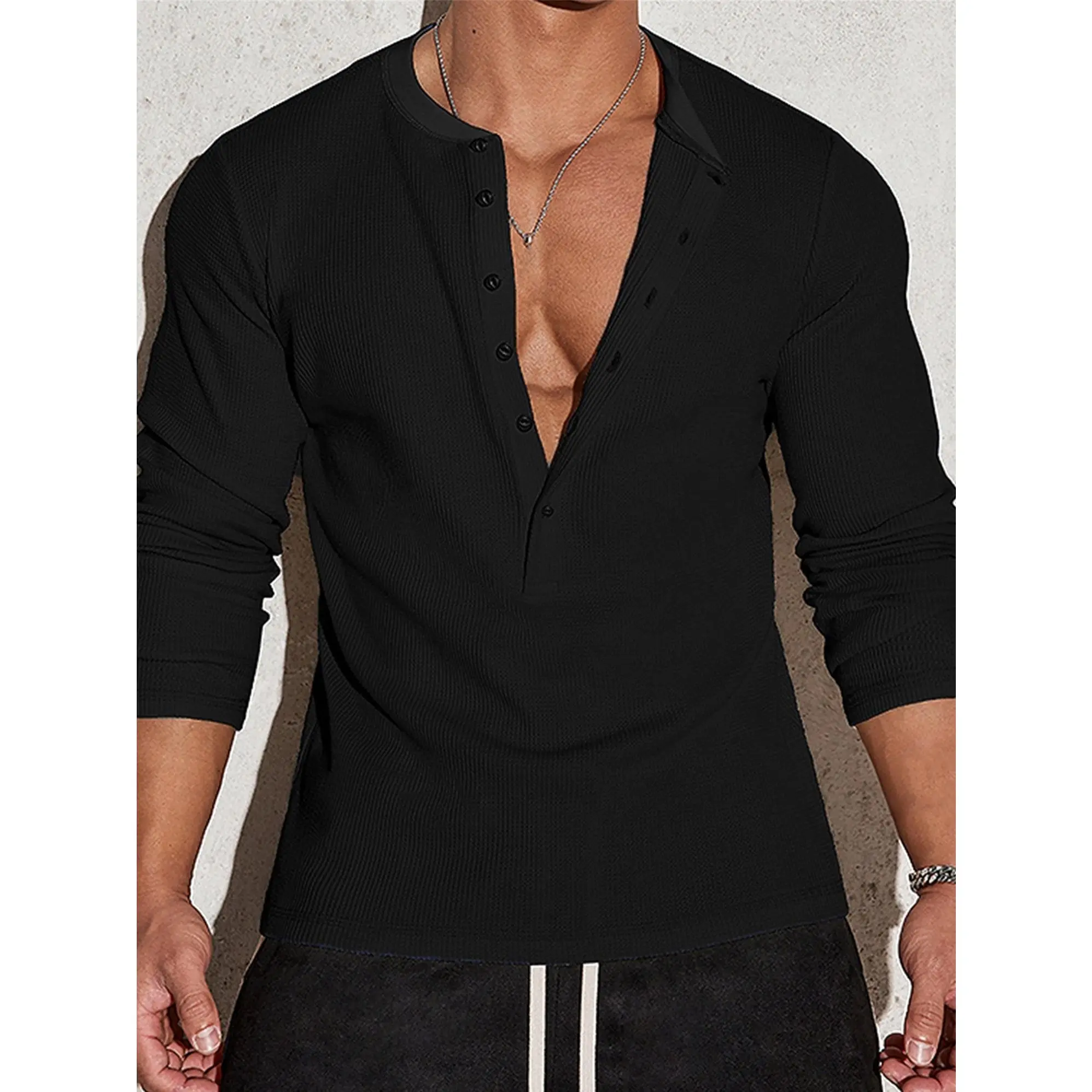 Men's Casual Solid Henley Shirt in Polyester Knit, Long Sleeve Lapel Collar Top with a Regular Fit, All-Season Streetwear Menswear, Plain, Adult, Dry Clean