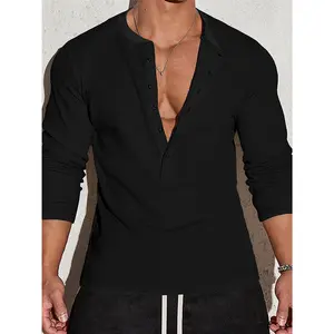 Men's Stretchy Half Button-Up Henley Shirt - Solid Color Round Neck Long Sleeve Top, All-Season Casual Streetwear & Workout Shirt, Machine Washable Regular Fit, Stylish Casualwear, Easycare Material