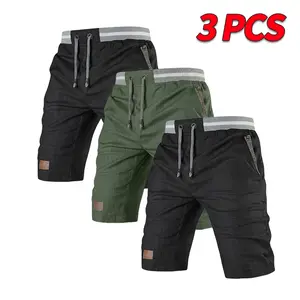 Men's summer casual Bermuda shorts, two-pack-adjustable elastic waistband with drawstring; striped pockets; leather patch decoration; breathable and comfortable; suitable for outdoor everyday wear and versatile Plain Menswear Menswear Beige Motocross